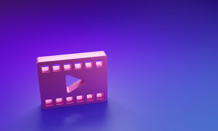 Pink Play Video icon isolated on purple-blue background. Film strip with play sign. Minimalism concept. 3D render illustration.の写真素材
