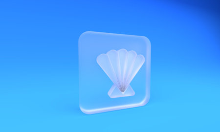 Frosted glass Scallop sea shell icon isolated on blue background. Seashell sign. Square frosted...