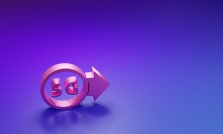 Pink 5G new wireless internet wifi connection icon isolated on purple-blue background. Global...