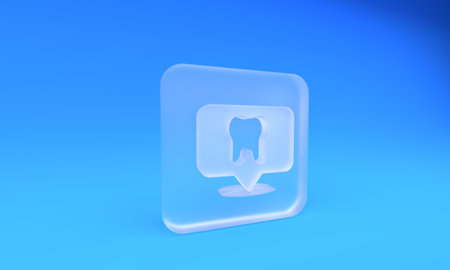 Frosted glass Dental clinic location icon isolated on blue background. Square frosted glass button. 3D render illustration.の写真素材