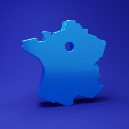 Blue Map of France icon isolated on blue background. Minimalism concept. 3D render illustration.の写真素材