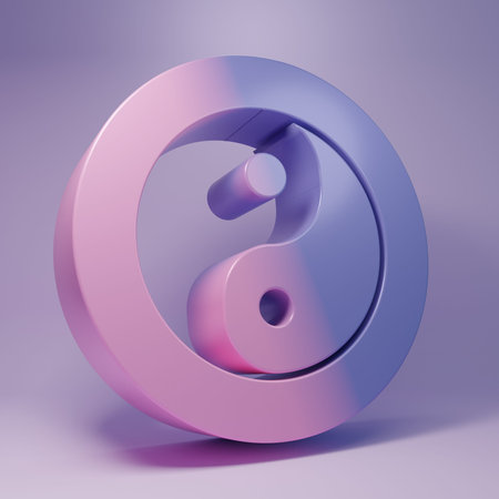 Purple Yin Yang symbol of harmony and balance icon isolated on purple background. Minimalism concept. 3D render illustration.の写真素材