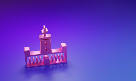 Pink Montjuic castle icon isolated on purple-blue background. Barcelona, Spain. Minimalism concept. 3D render illustration.の写真素材