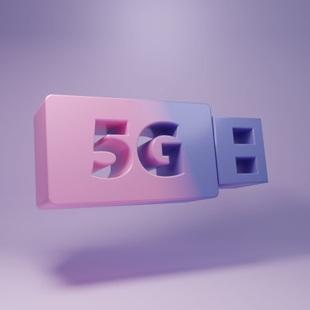 Purple 5G modem for fast mobile Internet icon isolated on purple background. Global network high...