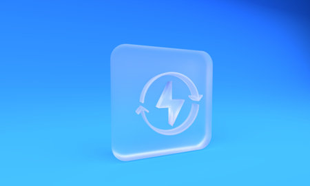 Frosted glass Lightning bolt icon isolated on blue background. Flash sign. Charge flash icon. Thunderbolt. Lighting strike. Square frosted glass button. 3D render illustration.の写真素材