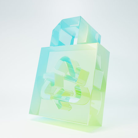 Frosted glass Paper shopping bag with recycle icon isolated on white background. Bag with recycling symbol. Minimalism concept. 3D render illustration.の写真素材