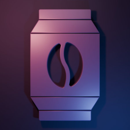 Purple Bag of coffee beans icon isolated on purple-blue background. Minimalism concept. 3D render illustration.の写真素材