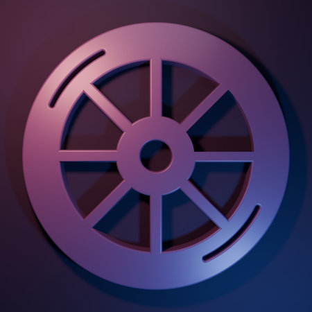 Purple Bicycle wheel icon isolated on purple-blue background. Bike race. Extreme sport. Sport equipment. Minimalism concept. 3D render illustration.の写真素材