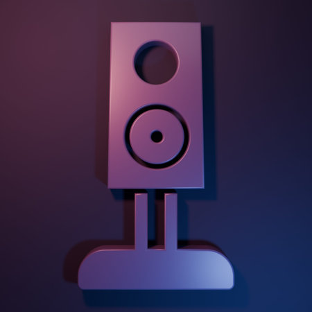 Purple Stereo speaker icon isolated on purple-blue background. Sound system speakers. Music icon. Musical column speaker bass equipment. Minimalism concept. 3D render illustration.の写真素材