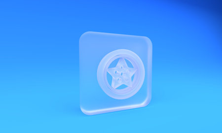 Frosted glass Car wheel icon isolated on blue background. Square frosted glass button. 3D render illustration.の写真素材