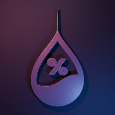 Purple Water drop percentage icon isolated on purple-blue background. Humidity analysis. Minimalism concept. 3D render illustration.の写真素材