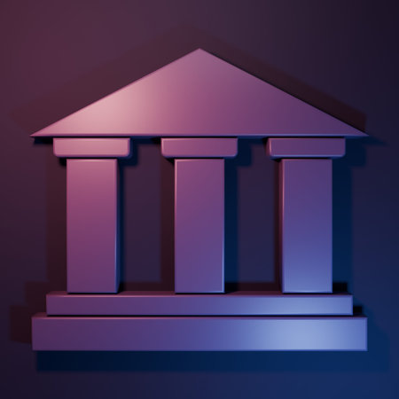 Purple Museum building icon isolated on purple-blue background. Minimalism concept. 3D render illustration.の写真素材