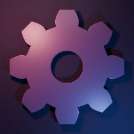 Purple Gear icon isolated on purple-blue background. Cogwheel gear settings sign. Cog symbol. Minimalism concept. 3D render illustration.の写真素材