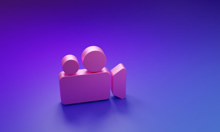 Pink Movie or Video camera icon isolated on purple-blue background. Cinema camera icon. Minimalism concept. 3D render illustration.の写真素材
