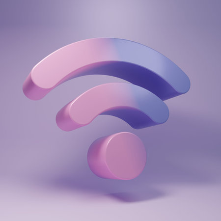 Purple Wi-Fi wireless internet network symbol icon isolated on purple background. Minimalism concept. 3D render illustration.の写真素材