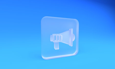 Frosted glass Megaphone icon isolated on blue background. Speaker sign. Square frosted glass button. 3D render illustration.の写真素材