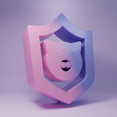 Purple Shield with pig icon isolated on purple background. Animal symbol. Minimalism concept. 3D render illustration.の写真素材