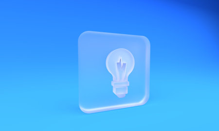 Frosted glass Light bulb with concept of idea icon isolated on blue background. Energy and idea symbol. Inspiration concept. Square frosted glass button. 3D render illustration.の写真素材