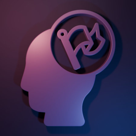 Purple Hand holding flag icon isolated on purple-blue background. Victory, winning and conquer adversity concept. Minimalism concept. 3D render illustration.の写真素材