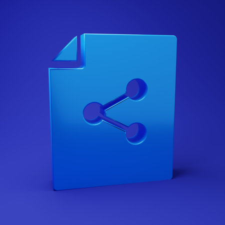 Blue Share file icon isolated on blue background. File sharing. File transfer sign. Minimalism concept. 3D render illustration.の写真素材