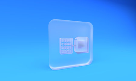 Frosted glass Smart contract icon isolated on blue background. Blockchain technology, cryptocurrency mining, bitcoin, altcoins, digital money market. Square frosted glass button. 3D render illustration.の写真素材
