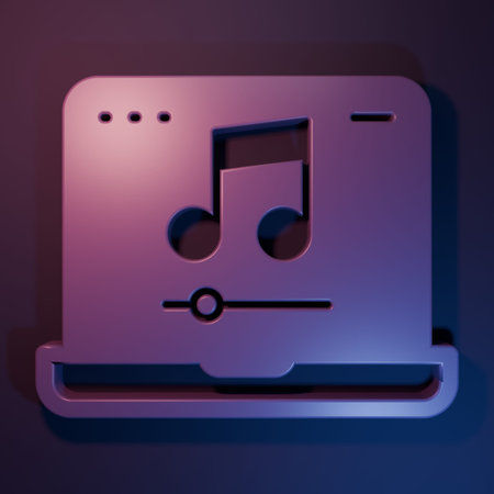 Purple Laptop with music note symbol on screen icon isolated on purple-blue background. Minimalism...
