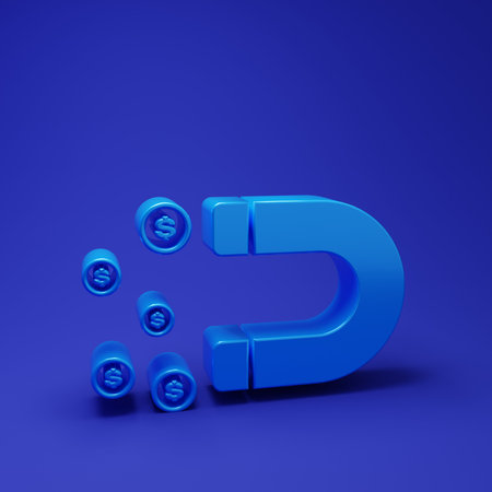 Blue Magnet with money icon isolated on blue background. Concept of attracting investments, money....