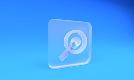 Frosted glass Gong musical percussion instrument circular metal disc and hammer icon isolated on blue background. Square frosted glass button. 3D render illustration.の写真素材