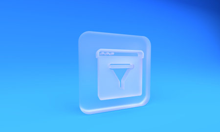 Frosted glass Browser window icon isolated on blue background. Square frosted glass button. 3D render illustration.の写真素材