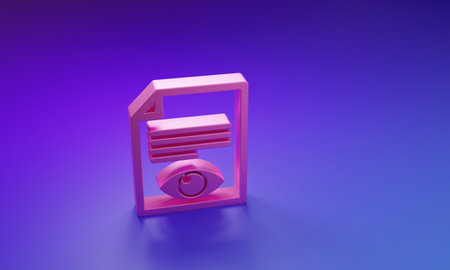 Pink Paper page with eye symbol icon isolated on purple-blue background. Open information file sign. Minimalism concept. 3D render illustration.の写真素材