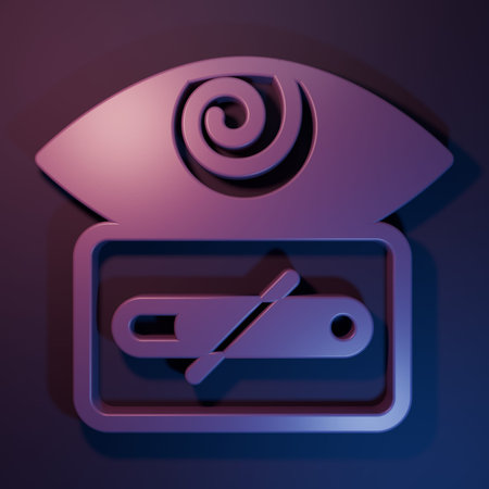 Purple Hypnosis icon isolated on purple-blue background. Human eye with spiral hypnotic iris. Minimalism concept. 3D render illustration.の写真素材