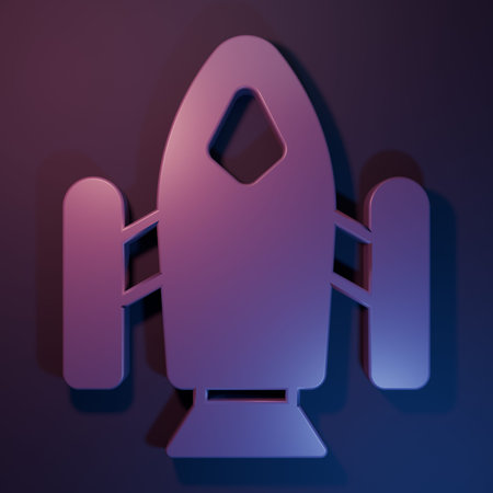Purple Rocket ship icon isolated on purple-blue background. Space travel. Minimalism concept. 3D render illustration.の写真素材