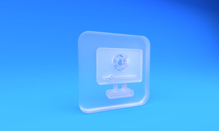 Frosted glass Football soccer match on TV icon isolated on blue background. Football online concept. Square frosted glass button. 3D render illustration.の写真素材