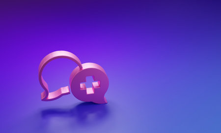 Pink Dialogue with the doctor icon isolated on purple-blue background. Doctor and patient dialog....