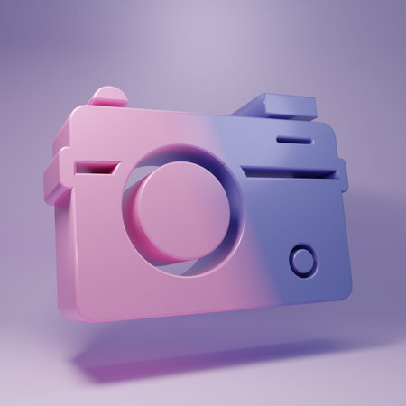 Purple Photo camera icon isolated on purple background. Foto camera. Digital photography. Minimalism concept. 3D render illustration.の写真素材