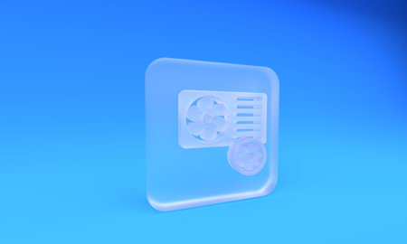 Frosted glass Air conditioner and gear icon isolated on blue background. Adjusting app, service concept, setting options, maintenance, repair, fixing. Square frosted glass button. 3D render illustration.の写真素材