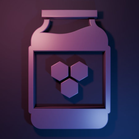 Purple Jar of honey icon isolated on purple-blue background. Food bank. Sweet natural food symbol. Minimalism concept. 3D render illustration.の写真素材