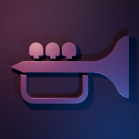 Purple Trumpet icon isolated on purple-blue background. Musical instrument trumpet. Minimalism concept. 3D render illustration.の写真素材