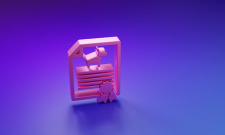Pink Medical certificate for travel with dog or cat icon isolated on purple-blue background. Document for pet. Dog or cat paw print. Minimalism concept. 3D render illustration.の写真素材