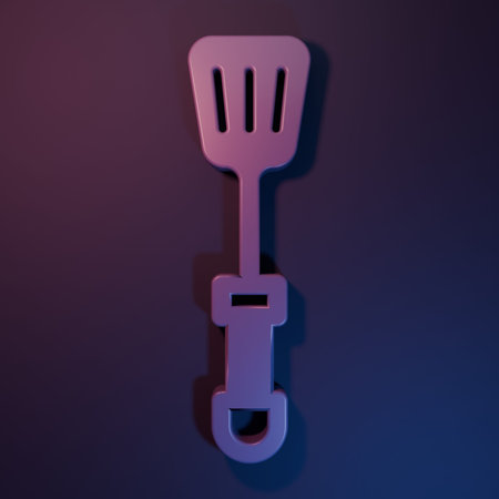 Purple Spatula icon isolated on purple-blue background. Kitchen spatula icon. BBQ spatula sign. Barbecue and grill tool. Minimalism concept. 3D render illustration.の写真素材