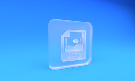 Frosted glass JPG file document. Download image button icon isolated on blue background. JPG file symbol. Square frosted glass button. 3D render illustration.の写真素材