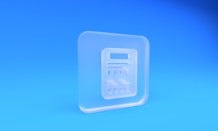 Frosted glass Exam sheet icon isolated on blue background. Test paper, exam, or survey concept. School test or exam. Square frosted glass button. 3D render illustration.の写真素材