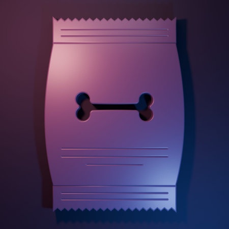 Purple Bag of food for pet icon isolated on purple-blue background. Food for animals. Dog bone sign. Pet food package. Minimalism concept. 3D render illustration.の写真素材