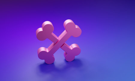 Pink Crossed bones icon isolated on purple-blue background. Pets food symbol. Minimalism concept. 3D render illustration.の写真素材