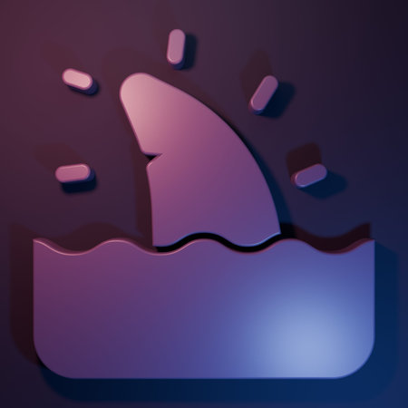Purple Shark fin in ocean wave icon isolated on purple-blue background. Minimalism concept. 3D render illustration.の写真素材