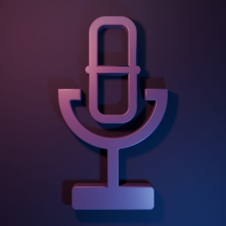 Purple Microphone icon isolated on purple-blue background. On air radio mic microphone. Speaker sign. Minimalism concept. 3D render illustration.の写真素材
