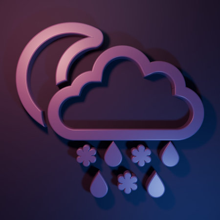 Purple Cloud with snow, rain and moon icon isolated on purple-blue background. Weather icon. Minimalism concept. 3D render illustration.の写真素材
