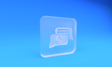 Frosted glass Speech bubble chat icon isolated on blue background. Message icon. Communication or comment chat symbol. Square frosted glass button. 3D render illustration.の写真素材