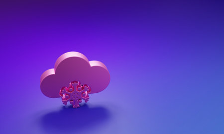 Pink Cloud with snow icon isolated on purple-blue background. Cloud with snowflakes. Single weather icon. Snowing sign. Minimalism concept. 3D render illustration.の写真素材