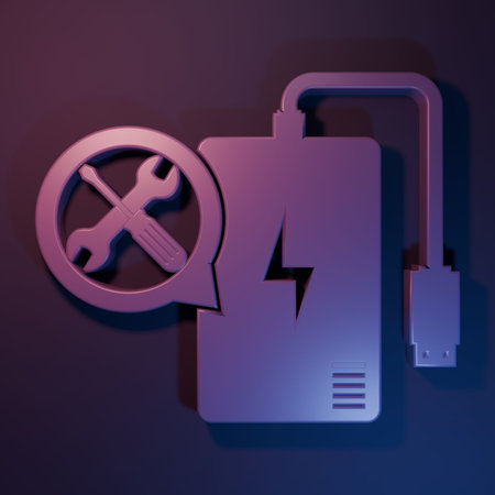 Purple Power bank with screwdriver and wrench icon isolated on purple-blue background. Adjusting,...
